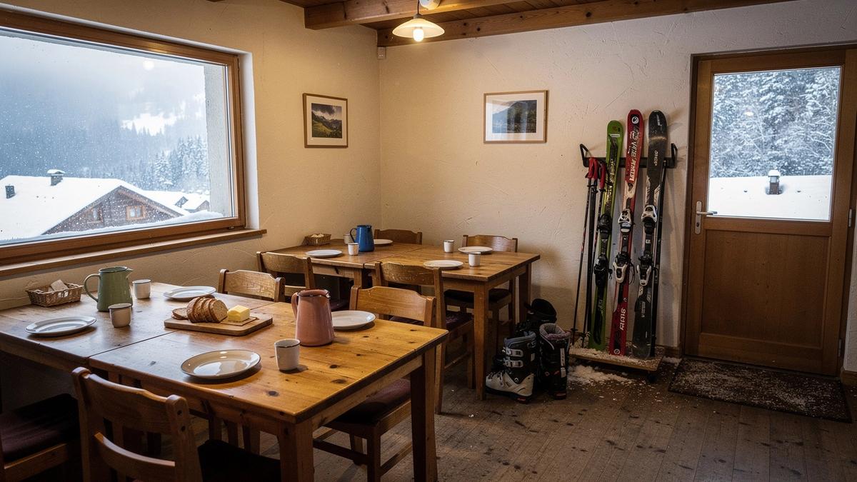 Guesthouse breakfast room with wooden tables and ski racks by the door